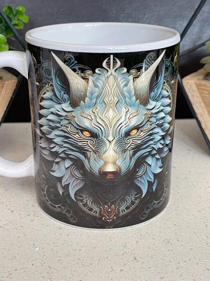 11oz 3D Wolf mug, Wolf Head, Blue and Gold, Clockwork Wolf, Custom Tea Cup, Halloween coffee cup, Ceramic Halloween Mug, Dishwasher safe
