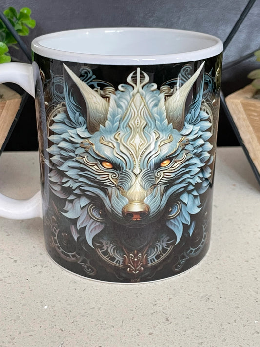 11oz 3D Wolf mug, Wolf Head, Blue and Gold, Clockwork Wolf, Custom Tea Cup, Halloween coffee cup, Ceramic Halloween Mug, Dishwasher safe