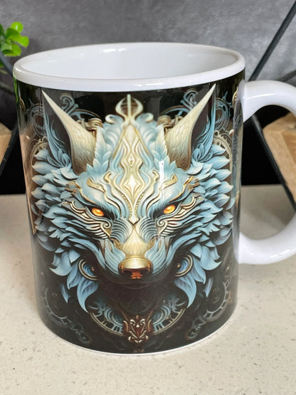 11oz 3D Wolf mug, Wolf Head, Blue and Gold, Clockwork Wolf, Custom Tea Cup, Halloween coffee cup, Ceramic Halloween Mug, Dishwasher safe
