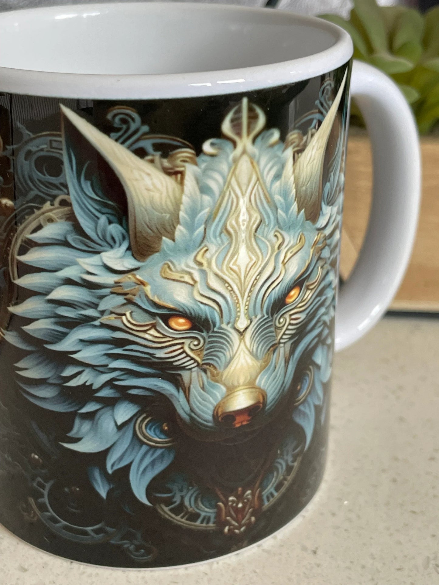 11oz 3D Wolf mug, Wolf Head, Blue and Gold, Clockwork Wolf, Custom Tea Cup, Halloween coffee cup, Ceramic Halloween Mug, Dishwasher safe