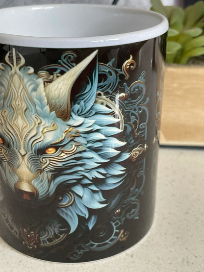 11oz 3D Wolf mug, Wolf Head, Blue and Gold, Clockwork Wolf, Custom Tea Cup, Halloween coffee cup, Ceramic Halloween Mug, Dishwasher safe