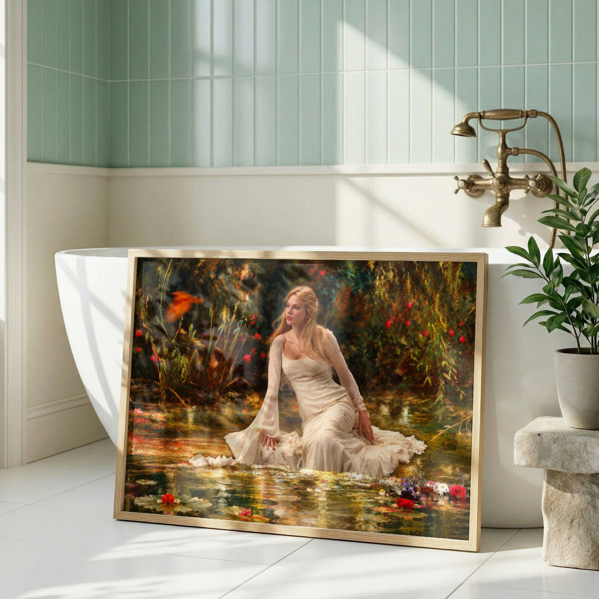 Romantic Woman in Garden Painting Print, Pre-Raphaelite Style Lady Floral Art