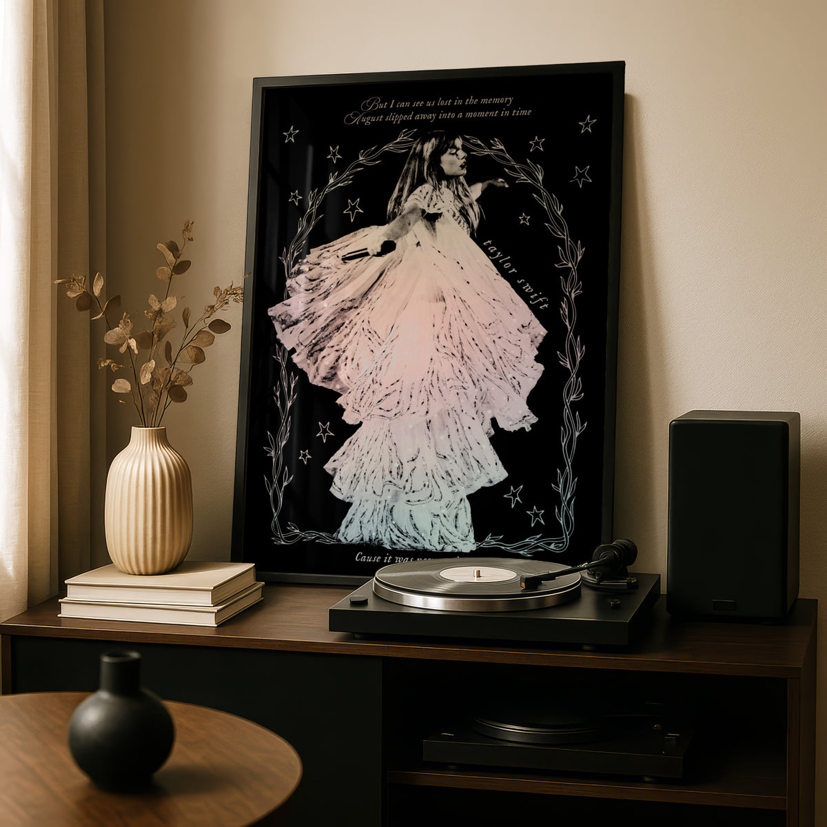 Taylor Swift August Lyrics Folklore Print, Swiftie Fan Art Poster, Black Pink Floral