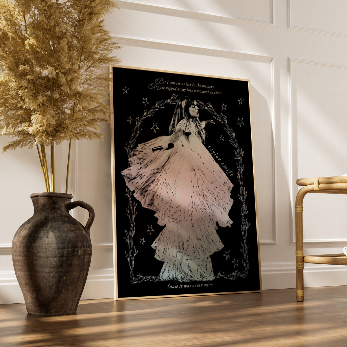 Taylor Swift August Lyrics Folklore Print, Swiftie Fan Art Poster, Black Pink Floral