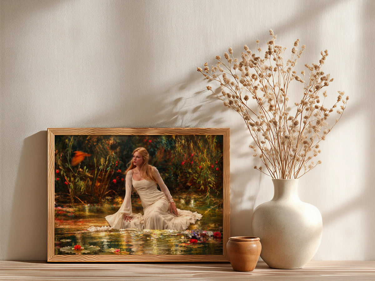 Romantic Woman in Garden Painting Print, Pre-Raphaelite Style Lady Floral Art