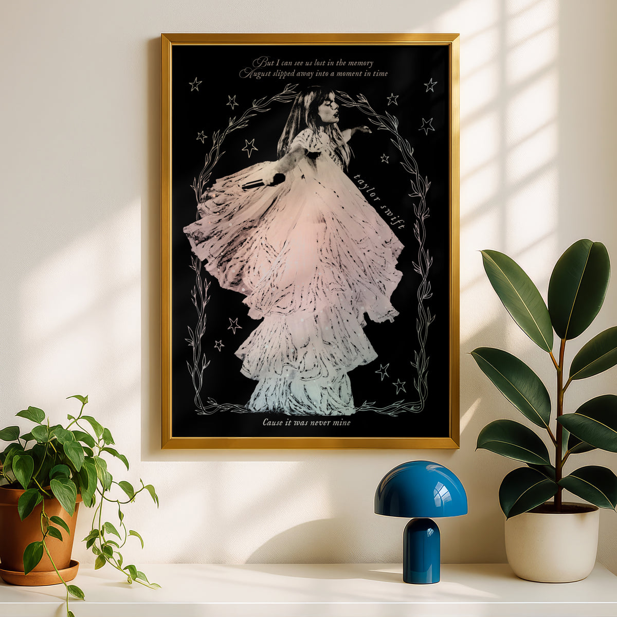 Taylor Swift August Lyrics Folklore Print, Swiftie Fan Art Poster, Black Pink Floral