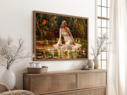 Romantic Woman in Garden Painting Print, Pre-Raphaelite Style Lady Floral Art