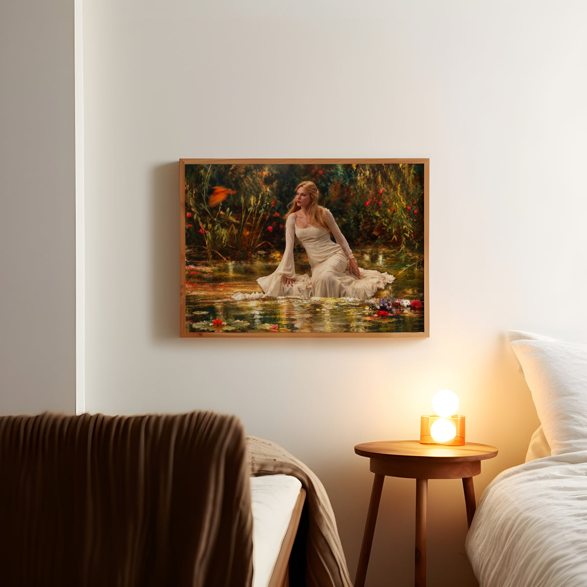 Romantic Woman in Garden Painting Print, Pre-Raphaelite Style Lady Floral Art