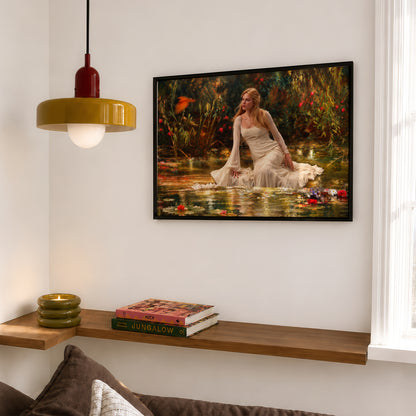Romantic Woman in Garden Painting Print, Pre-Raphaelite Style Lady Floral Art